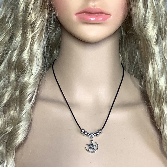 🍒 2PC PENTACLE STAR NECKLACE PENDANT EARRINGS SET WITCH BUNDLE BEADS LEATHER - Picture 3 of 12